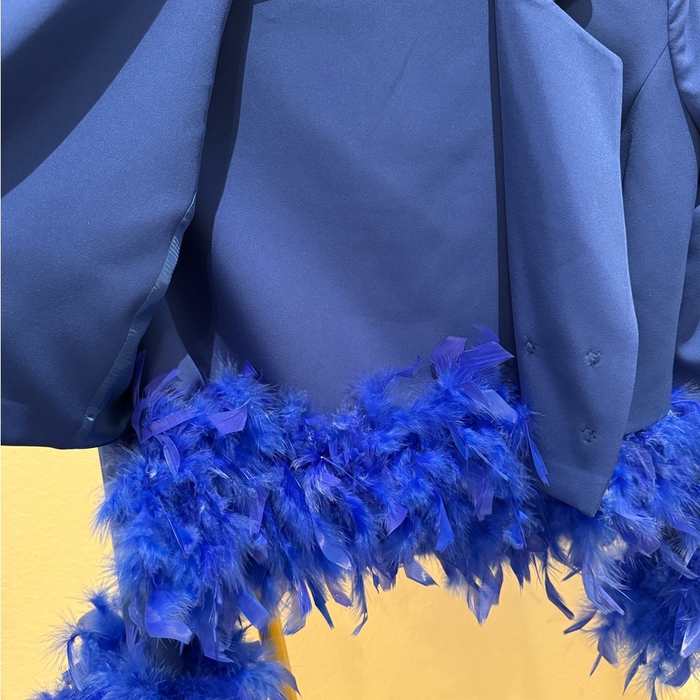 Royal Blue Feather Trim Blazer and Mini Skirt with Feather